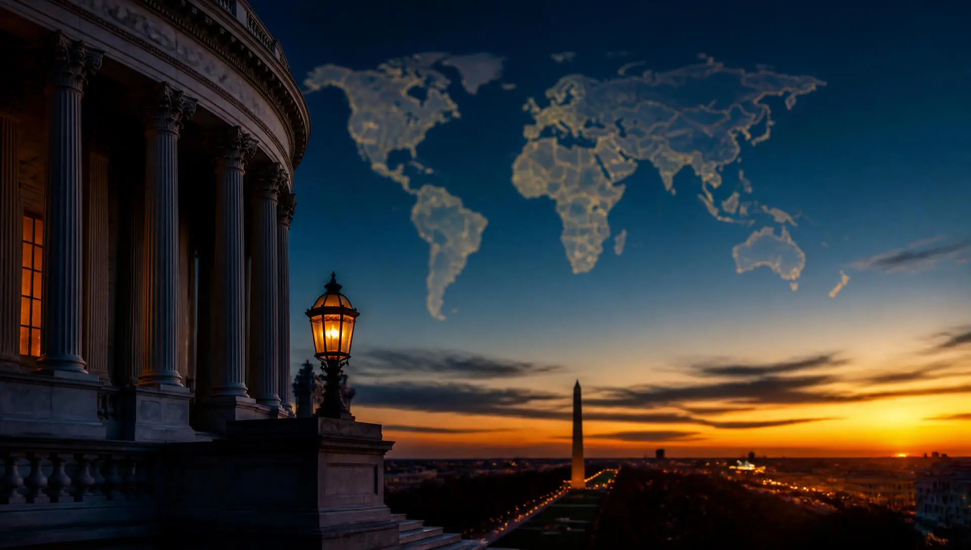 Capitol colonnade at dusk overlooking a capital city skyline